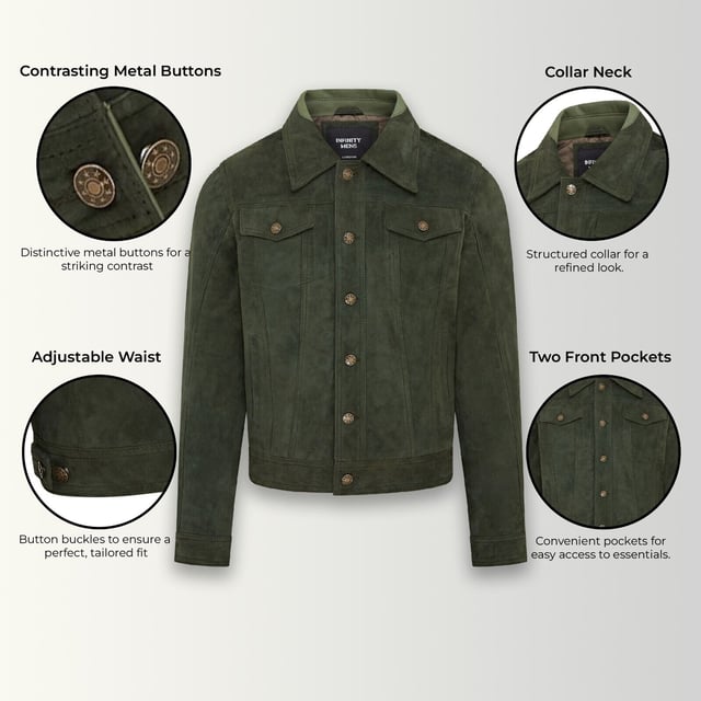 Introducing the Men's Trucker Casual Goat Suede Leather Shirt Jeans Jacket. This stylish, denim-inspired shirt is reimagined in the softest goat suede leather, offering a luxurious feel with a nod to 70's Americana. The slim-fit design makes a bold style statement, while the press button fastening, adjustable waistband, and cuffs add comfort and versatility. Perfect for pairing with your favorite jeans and boots, this retro jacket combines classic and contemporary effortlessly.

Slim fit for a modern silhouette
Press button fastening for easy wear
Adjustable waistband and cuffs for customized comfort
Soft goat suede leather for a luxurious feel
Inspired by 70's Americana for a timeless style