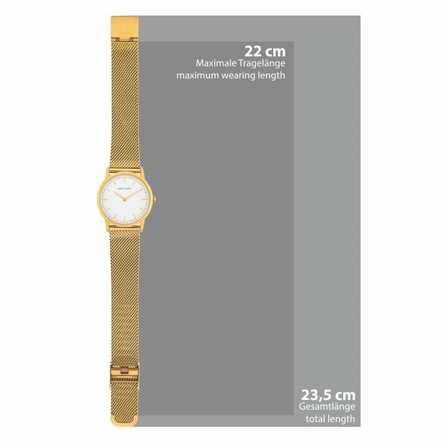 With a lot of feeling for design, this women's watch in the label Eastside combines modern and classic elements - noble and timelessly like the New York district of Eastside. The housing with screwed stainless steel housing floor receives a noble and warm shine due to a scratch-resistant ion plate made of yellow gold, which contrasts with the white dial. Simple dashes and delicate swords adapted perfectly to the minimalist-elegant look. A highlight is the filigree and also coated stainless steel bracelet coated with yellow gold, which nestles comfortably on the wrist and never gets out of fashion with its delicate mesh look.