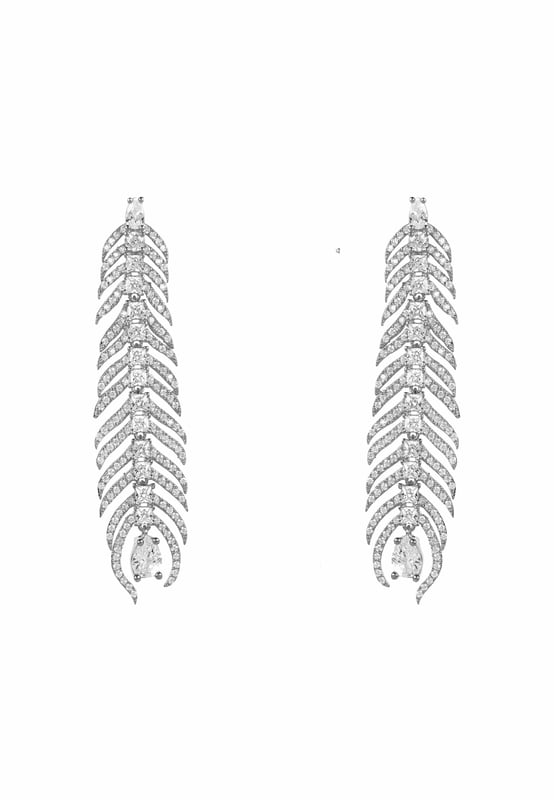 Get ready to strut your stuff with these stunning Peacock Feather Elongated Drop Earrings Silver! Boasting exquisite detailing, these nature-inspired earrings will have you looking like royalty.Intricately fashioned from 925 sterling silver, each earring features a feather-shaped filigree design embellished with sparkling zircons, set off by a row of larger cubic zirconia down the spine and a teardrop shaped crystal at the eye for maximum impact.Peacocks have long been associated with beauty and elegance, making them a popular choice for jewellery design. Peacock-inspired pieces are often used to symbolize good luck, prosperity, and joy. The intricate patterns of their feathers also represent wisdom and knowledge.Whether for an exquisite addition to your bridal accessories or simply a fashionable way to make a statement, these earrings really are something else! With their pierced butterfly fastening, gorgeous length of 6.5cm and width of 1.8cm and weight of 16.6 grams, they're sure not to disappoint. Grab yours today and be prepared to turn heads wherever you go!