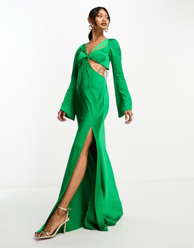 slim fit dress slacks Asos Edition Satin Halter Cowl Maxi Dress In Sage Green