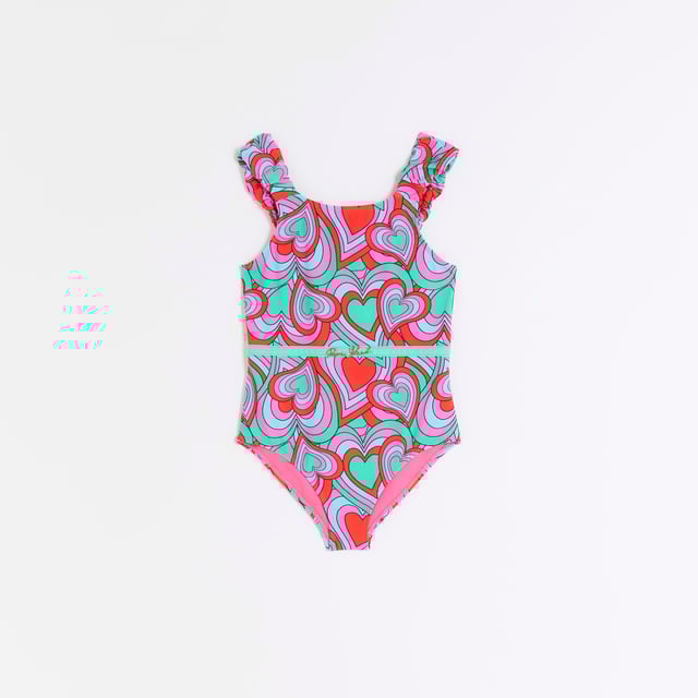 Swimsuit, Retro heart design, Frill straps, Round neck, Gold hardware, Branding
