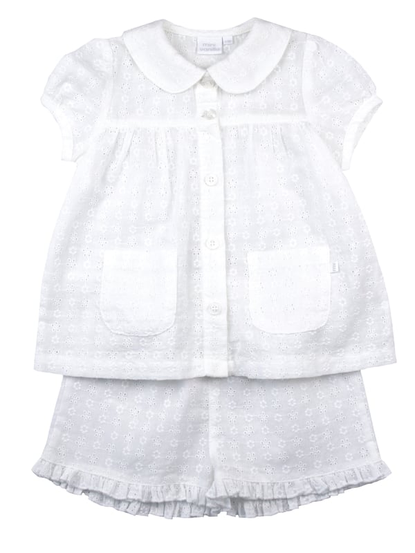 Our beautiful woven embroidery anglaise shortie pyjamas for girls are a lovely choice for Spring. This textured pure-cotton set has a button through top, which is beautifully detailed with a Peter-Pan collar, puff sleeves, engraved buttons and pockets, and woven shorts finished with a lovely frill hem. It makes a wonderful gift for little ones.

Design & Fit

Classic white short sleeve top and shorts
Short-sleeve button through top
Peter Pan Collar
Elasticated waistband
Easy, pull-on style
Fabric and Care

100% Cotton 
Machine wash
Safety warning: keep away from fire