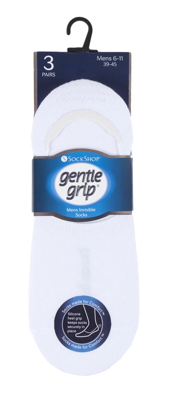If you want your socks to go unnoticed, then these Gentle Grip Invisible Socks are a must for you. Whether, you're wearing trainers, brogues or even smart shoes, these socks will be entirely hidden. A comfortable feature of these socks includes a silicone grip around the heel to keep the sock firmly in place. Let your feet breathe in these soft-touch invisible socks. 6 pairs. These socks are available in sizes 6-11 UK in colours. 72% Cotton, 23% Polyester, 5% Elastane.