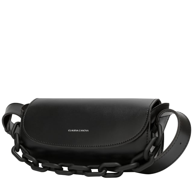 This Lyra barrel crossbody bag is made with durable PU unlined faux leather. With an adjustable crossbody strap and a magnetic close fastening. It is finished off with a stylish chain detail across the front of the bag.