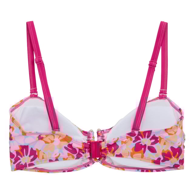 85% Recycled Polyester, 15% Elastane. Design: All-Over Print, Floral. Fastening: Clasp. Neckline: Sweetheart. Adjustable Shoulder Strap, Metal Detail, Multiway. Fabric Technology: UV Protection. Sun Rating: UPF 50+.