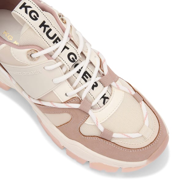 The KG Kurt Geiger Limitless sneaker features a white, taupe and pink upper with lace up front. There are two KG Kurt Geiger logo tabs printed on ribbed textile with a print stitch detailing at the ankle. The tread is in a light pink shade.