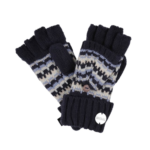 The Baneberry kids' gloves from Regatta are just the thing to keep little hands warm. The kids' mittens are made from hardwearing and warm acrylic knit. Just pull the top down and secure with the attached button to wear as fingerless gloves. They feature a stylish all-over jacquard print. Material: 100% Acrylic. Ref: RKG058540.