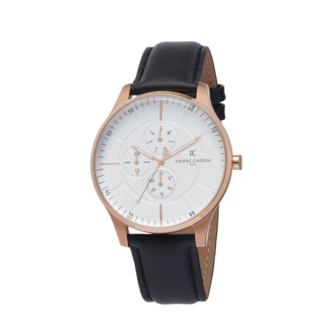 This sporty and clasical watch is perfect for every occasion! -The watch has a calendar function: Day-Date, Luminous Hands, 24-hour Display. High quality 21 cm length and 20 mm width. Black Leather strap with a Buckle. Case diameter: 42 mm, case thickness: 9 mm, case colour: Rose Gold and dial colour: White Water resistant: 3 bars -Weight: 52 g The watch is delivered in an original gift box and has a warranty of 2 years