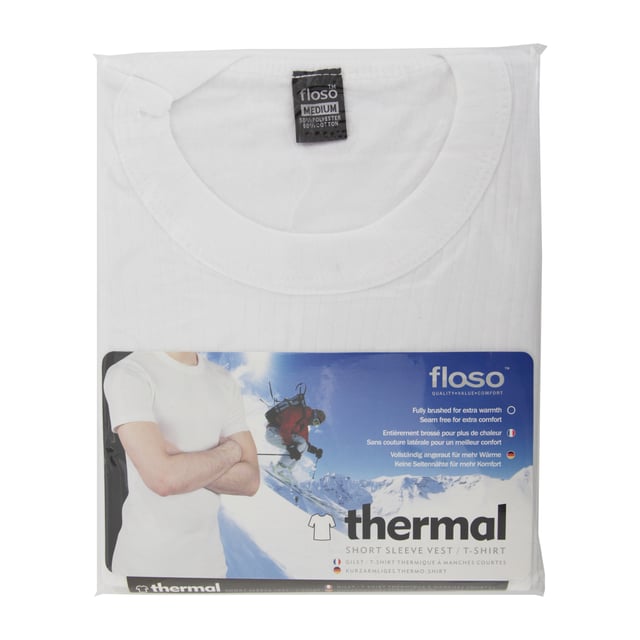 Premium range FLOSO version of this product is also available, search for FLOSO. 1 x Thermal Short Sleeve Vest. Warm but light weight thermal underwear. Good wicking rate which is the rate the material carries moisture away from the skin. Fully brushed inside and side seam free for added comfort. 50% Cotton and 50% Polyester.