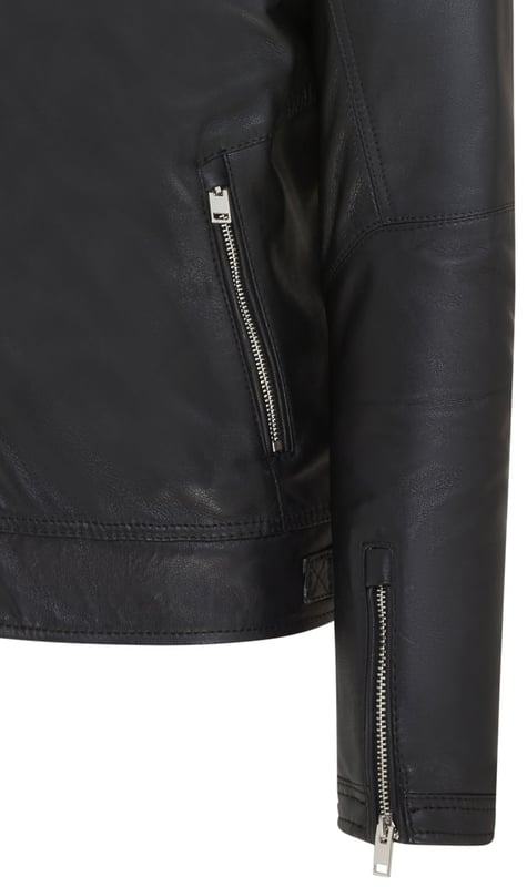 This men's café racer biker jacket, crafted from luxurious lamb soft nappa leather, is the perfect blend of retro style and modern functionality. It features bold white and navy blue stripes for a striking look, paired with durable craftsmanship for lasting wear. Designed for convenience and practicality, the jacket includes two external zipped pockets, two inner pockets, a secure collar button, and a smooth front zip closure. Whether for casual outings or motorcycle adventures, this jacket is a timeless essential for your wardrobe.

Made from premium lamb soft nappa leather for durability and comfort.
Bold white and navy blue stripes add a vintage-inspired flair.
Two external zipped pockets and two inner pockets for ample storage.
Stand collar with button closure for a secure, stylish fit.
Durable front zip closure for easy wear.
Perfect for casual wear or motorcycle enthusiasts.