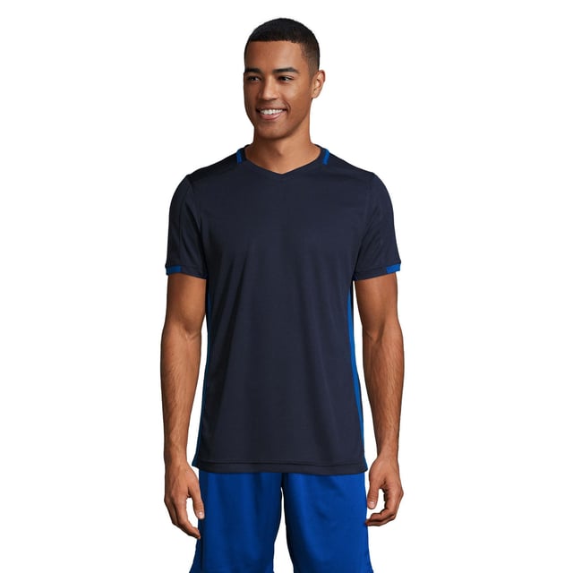 Heren voetbal t-shirt. Ademend polyester gaas. V-hals met contrasterende afwerking. Voorwaartse schoudernaden. Contrasterende gaas zijpanelen. Tweelingnaalds stikwerk. 150 g/m². Stof: 100% polyester. Herenborst (voor inches): S(36/38), M(38/40), L(41/42), XL(43/44), XXL(45/47).