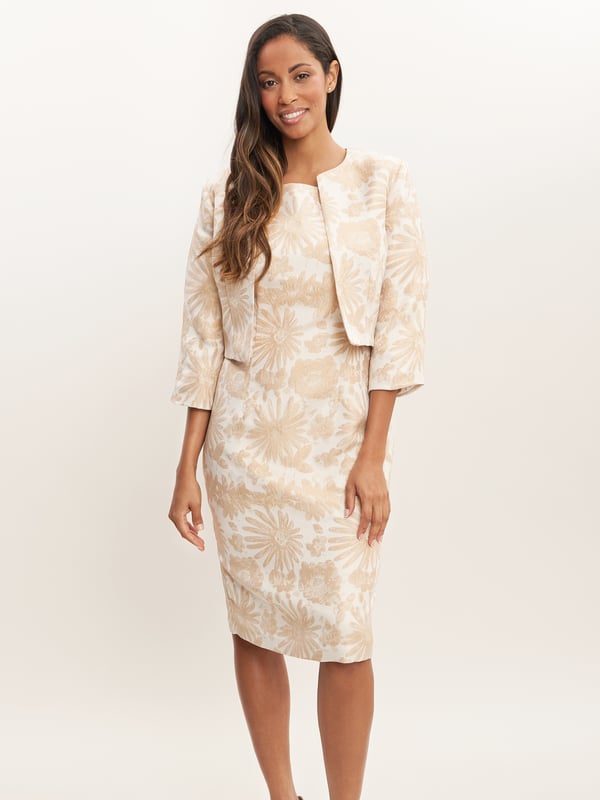 Feel prim and proper in the sophisticated Emeline dress and jacket by Gina Bacconi. The dress features concealed back zip fastening and is fully lined for added protection. This stunning ensemble is perfect for any formal event. Fashioned from luxury floral jacquard material, perfect for the mother of the bride.