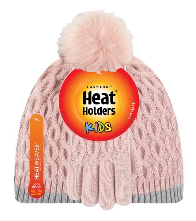 Dress your kids cosy this Winter Season with Heat Holders Ice Palace themed hat and gloves for girls! Toasty kids are happy kids! Make sure your child stays warm for Winter fun in these comfy matching hat and gloves set. This chunky pom pom hat and gloves are knitted in an attractive diamon-like design. They are soft yarn with a ribbed hem and incorporates the latest HeatWeaver® thermal lining, a luxurious, plush fur-like insulating fabric, that maximises the amount of warm air held close to the skin. The specially developed thermal yarn provides high performance insulation against cold with superior moisture breathing abilities. Made from stretchable construction, these hat and gloves set contours around the natural shape of your child's body for a better improved fit, warmth and comfort. Your kids will look and feel stylish whilst keeping warm in these very cute and comfortable pull on beanie hat. The pom pom detail on the top of the hat makes for an adorable Winter look! Designed to keep your child warm during the cold months, these gloves feature a turn over cuff so you can adjust the gloves according to your child's wrist for a cosy fit! They come in 5 colours ranging from Cloud Greym, Buttercream, Dusky Pink, Lavender Frost, Al Blue. These hats and gloves are available in 7-10 years.