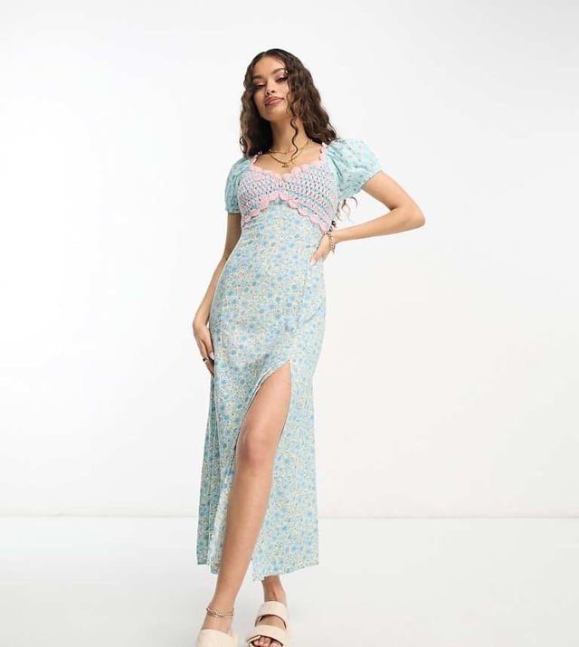 ASOS DESIGN Petite crochet bardot midi dress in ditsy and stripe mix print