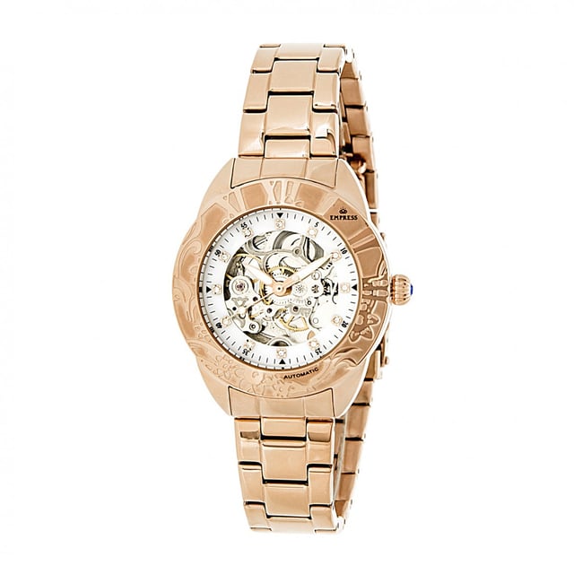 316L Surgical-Quality Stainless Steel Case; Jeweled Automatic Movement; Jewel Bearings: 19 Jewels; 36-Hour Power Reserve; Beats per Hour (BPH): 21600/Hour; Sapphire-Coated Mineral Crystal; Mother-of-Pearl Dial; Skeleton Dial; 12 Crystal Markers on Dial; Observation Caseback to view Movement; Jewel-Tipped Crown; 316L Surgical-Quality Stainless Steel Bracelet; Logo-Engraved Fold-Over Push-Button Deployment Clasp; Luminous Hands; 38mm Diameter; 10 ATM Water Resistance;
