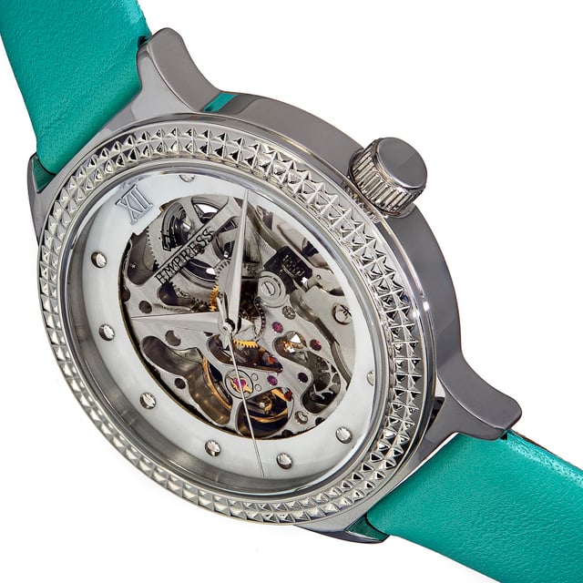 316L Surgical-Quality Stainless Steel Case; Jeweled Miyota 8N24 Automatic Movement; Jewel Bearings: 22 Jewels; 42 Hour Power Reserve; Beats per Hour (BPH): 21600/Hour; Sapphire-Coated Mineral Crystal; Mother of Pearl Dial; Skeleton Dial; Observation Caseback to View Movement; Genuine Leather Strap; Logo-Engraved Stainless Steel Clasp; 38mm Case Diameter; 5ATM Water Resistance;