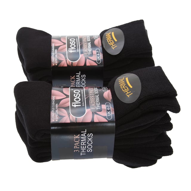 Our premium quality multipack Womens thermal socks. Size UK 4-7, EUR 37-41. Ideal for cold winter days or even on the ski slopes. Double brushed inside and knitted with high bulk acrylic yarn for extra warmth and comfort. High tog rating. Long pile cushioning for extra comfort. Fibre contents: 80% Acrylic and 20% Nylon, Fibre contents for Black: 85% Acrylic, 10% Polyester, 5% Elastane.