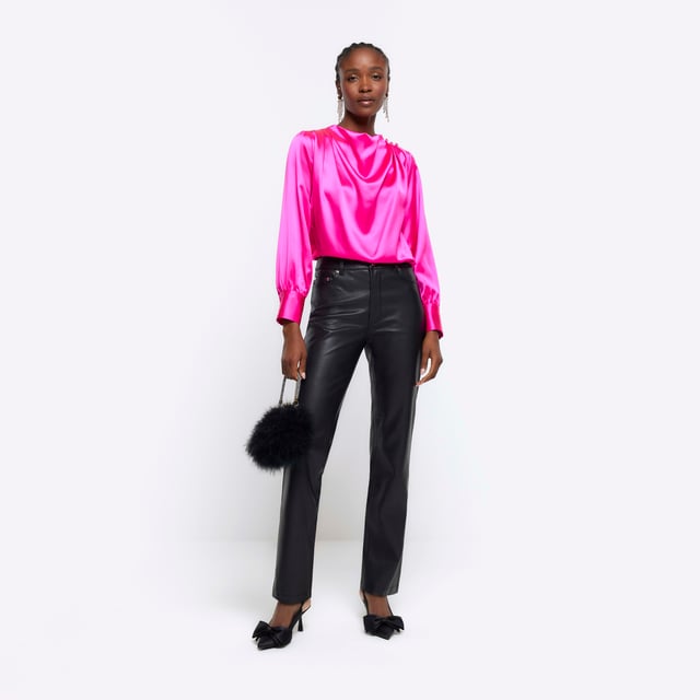 Satin fabric, Button detail, Cowl neckline, Long sleeves, Button fastening