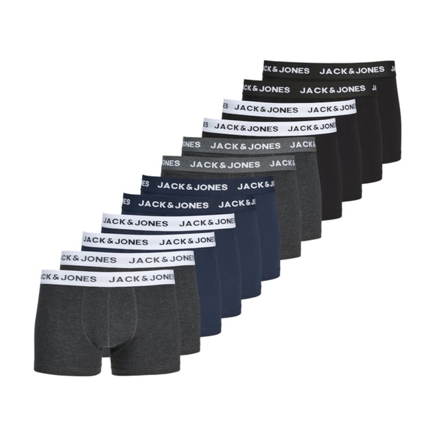 Herren-Boxershorts 12er-Pack Jacsolid der Marke Jack & Jones.  Marke: Jack & JonesModellname: 12er-Pack JacsolidKategorie: Herren-BoxershortsMaterialien: Baumwolle, ElasthanFarben: schwarz, blau, grau, weiß