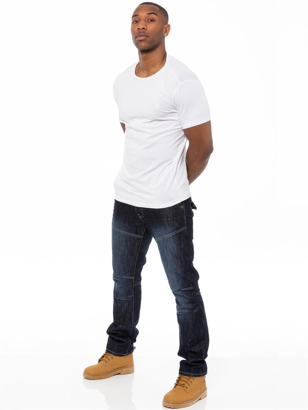 Turn up your style a notch with the latest midwash mens jeans. Enzo straight fit jeans in cotton blend blue denim feature a zip fly, double belt loops, seams at knee and thigh and back pockets with flaps. Straight leg jeans never go out of style and are perfect for relaxed weekends; tailored to sit just below the natural waist, they suit all figure types and with sizes up to 48, theres a pair of Enzo jeans to fit everyone. Also available in Blue, Grey and Black.