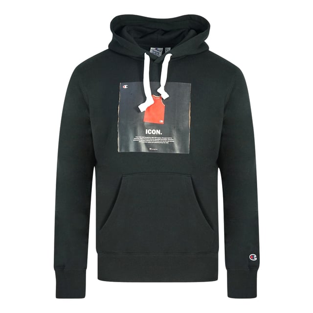Champion Icon Logo Black Hoodie. Champion Black Hoodie. Elasticated Sleeve Ends and Waist, Drawstring Hood. Front Pockets. 73% Cotton 27% Polyester. Style Code: 216958 KK001