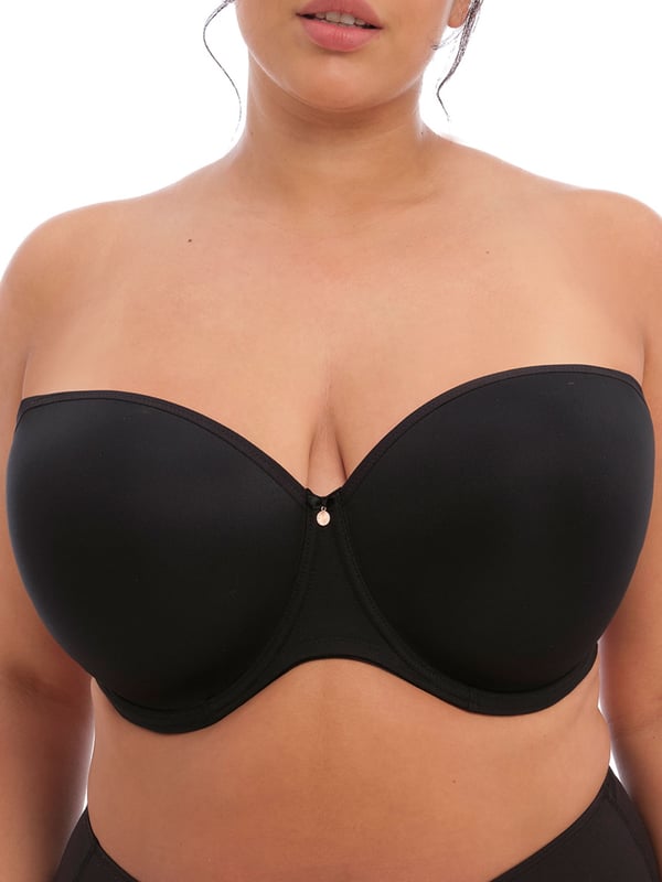 Elomi Smooth Underwired Strapless Bra in Black. Moulded with a sweetheart neckline and removable multiway straps. Product is made of 37% Nylon/Polyamide, 25% Elastane, 38% Polyester and is hand-wash only.