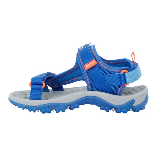 Regatta Blaze sandalen voor kinderen (Olympisch Blauw/Tango) Boven: Netwerk, synthetisch. Voering: Synthetisch. Binnenzool: Verstevigd. Buitenzool: Synthetisch. Ademend, Lichtgewicht, Treklipje, Schokabsorberend. Vlakke. Ontwerp: Contrasterende details, Logo. Teenstijl: Open. Zoolkenmerken: Duurzaam. Bevestiging: Haak en Lijn Riem.