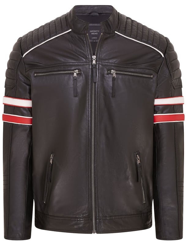 An homage to the racing legends of the Le Mans 50s era, this jacket features two racing bands on each of the sleeves that are the defining feature of this piece. The jacket is crafted with ultra-soft premium nappa leather with quilting around the shoulders which is separated from the upper chest by a white piped boundary, giving this piece a distinctly sporty aesthetic. The jacket interior is lined with a complimenting poplin fabric with integrated compartments to assist the front four zip pockets in providing secure storage. This jacket appears in a classic black colourway and a bold red which is a great choice when going for a more eye-catching look.

• 100% premium ultra-soft nappa leather.

• Two angled waist pockets and two zipped breast pockets

• Racing band features appearing on each sleeve

• Quilting on the shoulders and at the cuffs

• YKK zip fastening

• Short stand collar