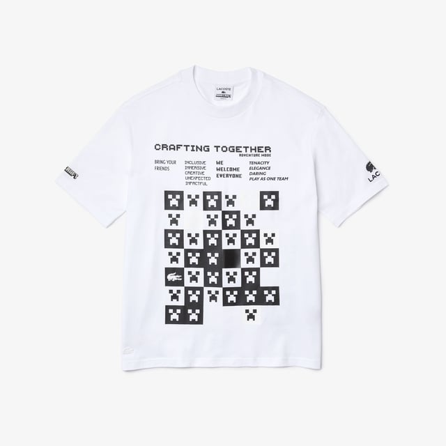 Mens Lacoste Minecraft T- Shirt in white.- Ribbed crewneck.- Short sleeves.- Tone-on-tone silicone crocodile at bottom of garment.- Loose fit.- 100% Cotton.- Ref: TH3802001