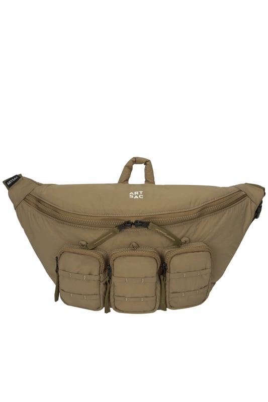 The perfect practial edition to any outfit. This unique triple-pocket design sling bag has enough internal and external space to carry all your every day essentials. Features: , Padded lightweight nylon, Water resistant, Zip top opening to main compartment, ARTSAC screen printed logo, Triple front zip pocket with loops, Internal zip pocket, External rear zip pocket, Top grab handle, 2 Mobile phone internal net pockets, Adjustable shoulder strap allowing backpack styling or bum bag styling Style Ref: 52014 SAND