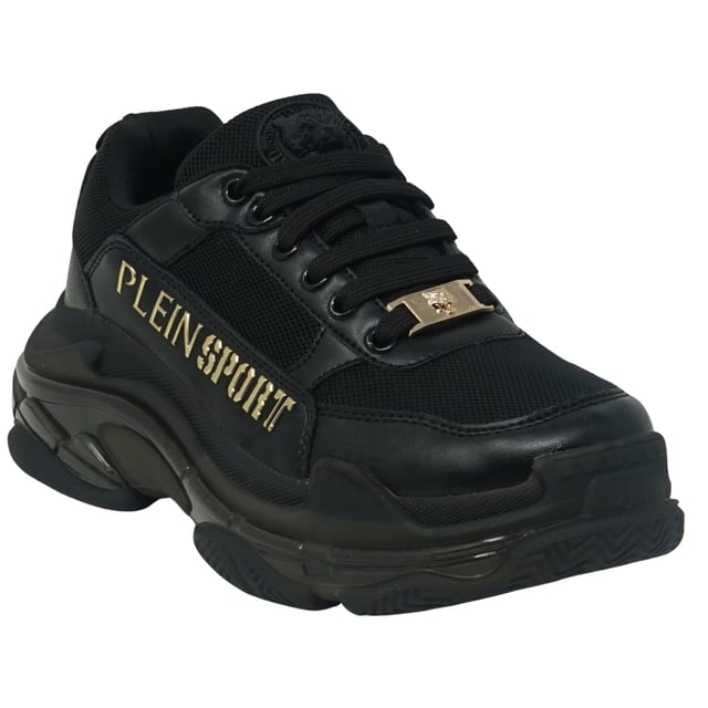 Plein Sport Gold Branded Logo Black Sneakers. Take your look to the next level with these Plein Sport Gold Branded Logo Black Sneakers. Featuring a chunky black shoe with a 100% textile upper and rubber sole, these sneakers are sure to turn heads. Plus, the all-over branding adds a touch of designer flair to any outfit! Wow!. Black Chunky Shoe. Rubber Sole, 100% Textile Upper. All-Over Branding. Style Code: DIPS1001 99