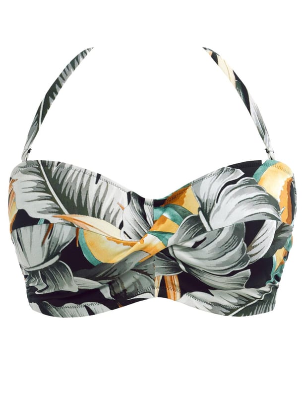 Add a splash of style to your summer poolside looks with the Fantasie Bamboo Grove bandeau bikini top. Boasting an eye-catching botanical print and a sweetheart neckline, this on-trend look will help you feel confident and stylish all season long. The concealed underwiring, lightly padded foam cups, and Powernet lining provide that extra support needed while its detachable scarf tie strap provides extra security while adding something special to your swimwear collection. The clip fastening ensures the utmost reliable fit. With many items available for a matching set for an enviable head-to-toe look, the Bamboo Grove bandeau bikini top is sure to turn heads this season!  Bandeau bikini top, Botanical print Twist front, Sweetheart neckline, Concealed underwiring, Lightly padded foam cups, Powernet lined for extra support, Detachable scarf tie strap, Clip fastening for a secure fit, Matching swimwear available, Country of origin: Tunisia, Composition: 83% Polyamide | 17% Elastane, Listed in UK sizes.   Bandeau Bikini Top