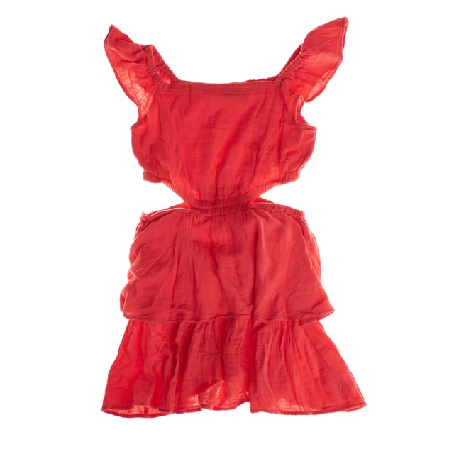 Dieses kurze Damenkleid vereint einen modernen und femininen Stil mit Details, die die Figur betonen.

 Es hat Rüschenärmel, die für einen romantischen und zarten Touch sorgen.

 Das taillierte Design verfügt über Seitenschlitze, die für einen mutigen und frischen Touch sorgen.

 Der Saum ist mit geschichteten Rüschen versehen, die einen dynamischen und bewegenden Effekt erzeugen, ideal für besondere Anlässe oder informelle Ausflüge.

 Es ist ein Kleidungsstück, das Eleganz mit einem jugendlichen und lässigen Touch vereint.
 Komposition: Außen: 56 % Baumwolle, 44 % Viskose; Innen: 100 % Baumwolle
 Pflege:
- Maschinenwäsche in kaltem Wasser und Schonwaschgang.
 - Verwenden Sie milde Reinigungsmittel.
 - Verwenden Sie einen Trockner bei niedriger Temperatur.
 - Bei niedrigen Temperaturen bügeln.
 - Reinige chemisch nicht.