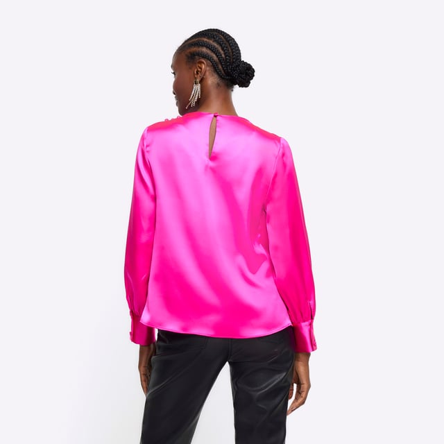 Satin fabric, Button detail, Cowl neckline, Long sleeves, Button fastening