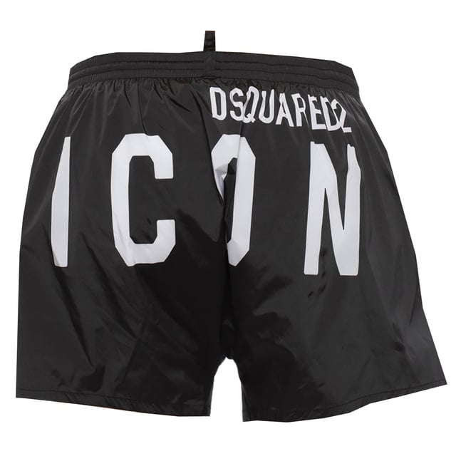 Bañador negro con logo Icon de Dsquared2. Bañador D2 negro. Cintura elástica, lazos con cordón. 90% Poliamida, 10% Elastano. Marca de icono en la parte posterior de los pantalones cortos. Código de producto: D7B643470.01848