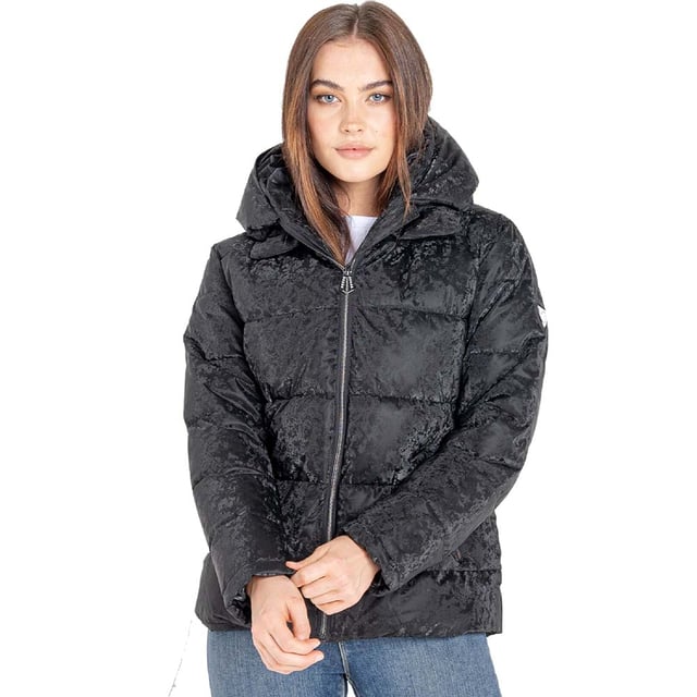 Waterproof and breathable twill fabric - Ared 8000. Water repellent finish. High warmth padding. Tapeds seams. Ski features including ski pass pocket and detachable snowskirt with gel grip. Detachable hood with adjuster and removable faux fur trim. Velvet touch inner collar. Metal luxe badge and zip pullers embellished with Swarovski embellishment. 2 way metal effect centre front zip with inner zip guard. High volume grown on hood with fold back snap fastenings. 2x lower pockets with metal effect zips. Tonal shine printed lining.
