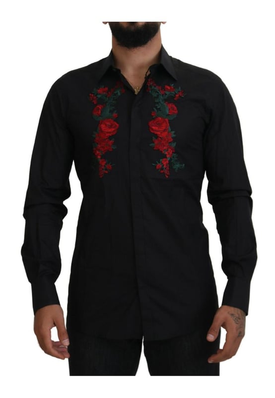 Black floral embroidery mens long sleeves gold shirt
  100% authentic and brand new with tags
  Classic neck
  Long sleeves
  Button-down closure
  Regular fit
  Made of 100% cotton
  Black color with floral embroidery
  Front button closure
  Logo details
  Made in Italy
Material: 100% Cotton