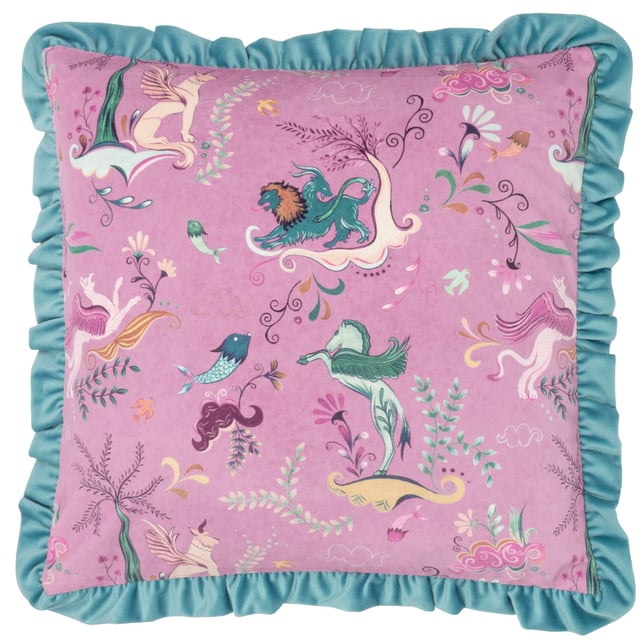The Athena cushion is inspired by Greek mythology, featuring vibrant prints of mythological creatures on luxurious velvet. The soft tranquil tones and pops of colour, create a dreamy, imaginative feel. A velvet ruffled frill trim and a contrasting reverse add a touch of elegance, making this cushion a stylish addition to any space. Pair with the matching bedding for the complete look.