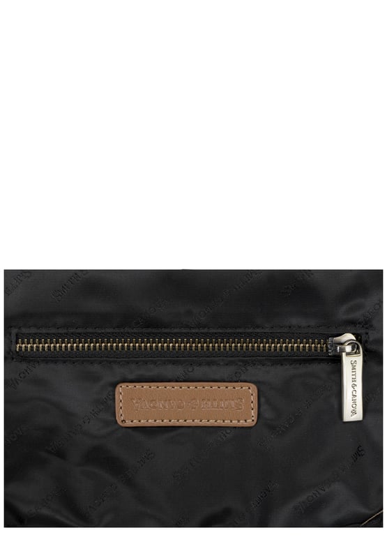 The Zip Around Nylon Backpack is the go-to bag for everyday essentials. The classic silhouette is cut in our signature nylon featuring a flap over zip pocket to the front. Inside features a 15” padded laptop sleeve with additional internal pockets for organised storage. Features: , Zip top opening, Front flap over zip pocket, Rear zip pocket, SMITH & CANOVA antique brass logo, Branded antique brass zips, Padded grab handle, Adjustable padded backpack straps, Internal 15 inch padded laptop sleeve, Internal zip pocket, 2 Internal mobile phone slip pockets - fits normal and plus size smart phones, 2 Internal pen slip pockets Style Ref: 92681 TAN