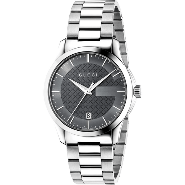 Elegant statement watch, this Gucci Timeless Mens watch has a stainless steel strap with grey dial, the case is a gracious 38mm in width, all items come with official gucci box.