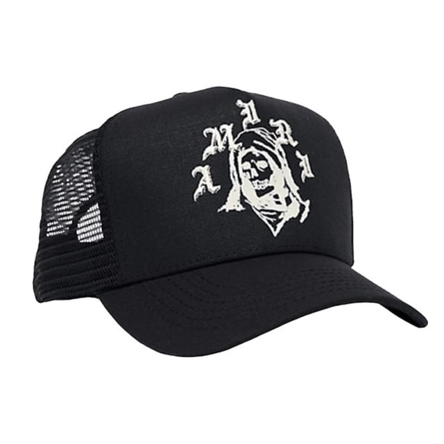 Ein Hauch von Spa� fur Ihre Sommertage, aber nichts Au�ergewohnliches fur ein Amiri-Sammlerstuck. Perfekte Kopfbedeckung fur den Sommer. Reaper Trucker Hat Amiri Cap, schwarze Mutze mit gesticktem Logo, 100 % Baumwolle, AW22MAH012-4