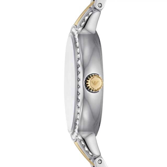 This Emporio Armani Cleo Analogue Watch for Women is the perfect timepiece to wear or to gift. It's Silver 32 mm Round case combined with the comfortable Multicolour Stainless steel watch band will ensure you enjoy this stunning timepiece without any compromise. Operated by a high quality Quartz movement and water resistant to 5 bars, your watch will keep ticking. This original fashionable watch is set with beautiful stones, perfect for every Women. High quality 19 cm length and 12 mm width Multicolour Stainless steel strap with a Deployment clasp Case diameter: 32 mm,case thickness: 7 mm, case colour: Silver and dial colour: Blue