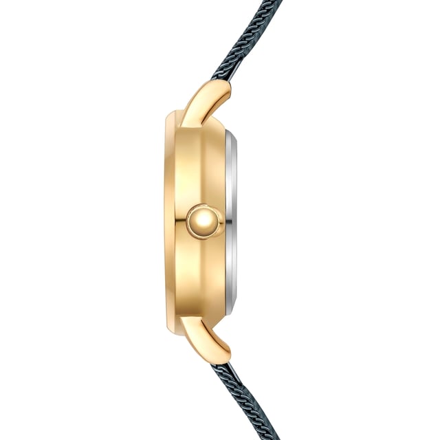 GENERAL INFORMATION:  • Targetgroup: Female  • Wristwatch: No Special Functions  • Display: analogue  • Weight of watch w/o box (gr.) - approx.: 24,0  MOVEMENT:  • Movement: Quartz  • Term of Movement: VC10  • Origin of movement: Japan  BRACELET:  • Material of bracelet/strap: Stainless steel  • Plating of bracelet/strap: Ion-Plating (IP)  • Finishing of bracelet/strap: Smooth  • Finishing/Decoration of bracelet/strap: None  • Clasp/Closure/Buckle: Slide Clasp  • Color of bracelet/strap: Blue  • Length of bracelet/strap (mm) approx.: 190,0  • Width of bracelet/strap (mm) approx.: 9,5  • Style/Design of bracelet/strap: Mesh band (Millanaise Style)  • Bracelet/strap adjustable?: No  CASE:  • Shape of case: Round  • Size/Diameter of case in mm . approx.: 24,0  • Height of case in mm: 7,6  • Case material: Metal (Alloy)  • Surface of case: Polished  • Bezel/Topring: Fixed  • Finishing/Decoration of case: None  • Material of case back: Stainless steel  • Lock of case back: No screwed-in crown  • Color of case: Yellowgold  • Coating/Plating (Case): Ion-Plating (IP)  • Type/Form of crystal: Flat  • Material of crystal: Mineral crystal  • Water resistant (ATM): 3  DIAL:  • Size jewelry care cloth: Hour, Minute  • Indices: Line indices  • Material of dial: Brass  • Structure/pattern of dial: Flat  • Color of dial: Blue  PUSHER, CROWN, HAND:  • Pusher: None  • Corrector: No  • Crown: No screwed-in crown  • Type of hands: Dauphine hands  • Luminescent (hands): No  PACKAGING & SCOPE OF DELIVERY:  • Box: Yes  • Service booklet: Yes  • Manual: Yes