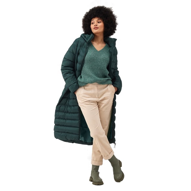100% Polyester. Fabric: Baffled, Synthetic. Design: Quilted. Fabric Technology: Durable, Insulating, Water Repellent. Badge, Padded. Neckline: Hooded. Sleeve-Type: Long-Sleeved. Cuff: Lycra Ribbed. Hood Features: 3 Piece, Grown On Hood. Length: Longline. Pockets: 2 Side Pockets, 1 Inner Pocket, Concealed Zip. Fastening: Full Zip. Sustainability: Feather-Free, Made from Recycled Materials. 8 UK: 32 in. 10 UK: 34 in. 12 UK: 36 in. 14 UK: 38 in. 20 UK: 45 in. 18 UK: 43 in. 16 UK: 40 in.
