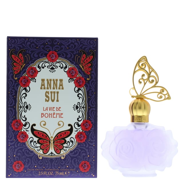 Anna Sui La Vie De Boheme Eau de Toilette is a floral fruity fragrance for women. Top notes dragon fruit Turkish rose pear red berries. Middle notes peony freesia magnolia. Base notes musk sandalwood woody notes black vanilla husk raspberry. La Vie De Boheme Eau de Toilette was launched in 2012.