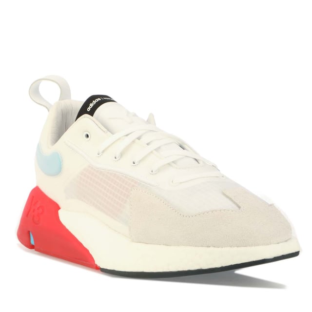 Mens Y-3 Orisan Trainers in white red.- Suede  leather and double-layer mesh upper.- Lace closure.- Transparent rubber heel panel with Y-3 logo embossing.- Pull tab at the rear.- adidas | Yohji Yamamoto logo strip on the tongue.- Y-3 logo embossing on the tongue.- Energy generating Boost midsole technology.- Rubber outsole panel.- Ref: FX1411