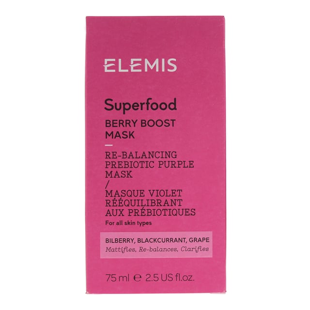 The Elemis Superfood Berry Boost Mask is a smoothie inspired Prebiotic Face Mask that purifies and refreshes the complexion within 10 minutes. The formula contains Brazilian Purple Clay, an Omega-rich SuperBerry Complex and Black Tea Extract, which helps to balance the skin and absorb excess oil. The mask has a hydrating formula and is enriched with a Prebiotic naturally derived from sugar which helps the skin's natural microflora.