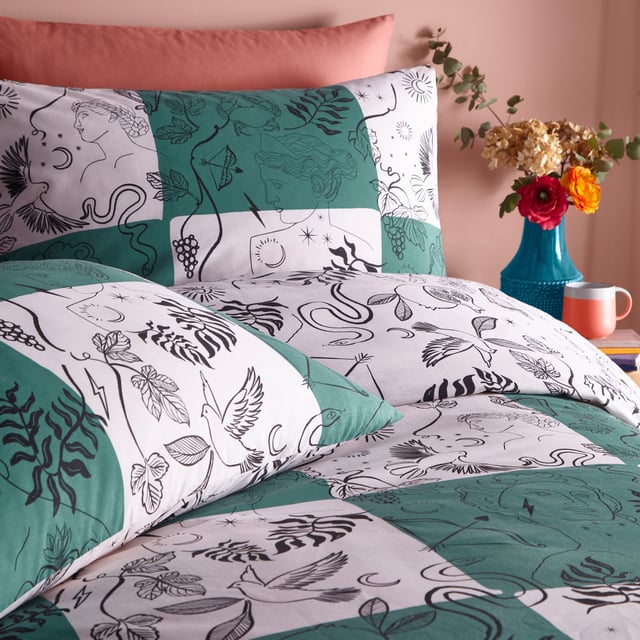 Check out our own twist on the trending checkerboard design and amazing artwork on your bed! The Mythos Checkerboard duvet cover set is adorned with unique hand-drawn, printed mythology symbols, ranging from birds and florals to cupid’s heart and Greek gods. These are printed onto an eye-catching green and white checkerboard design, blending modern prints and ancient icons for a unique artistic look. Finished with a paired back look reverse that focuses purely on the arty mythology icons, printed on a white background. An imaginative way of adding a touch of both ancient and modern art to your bedroom.