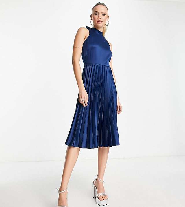 High neck pleated midi dress outlet