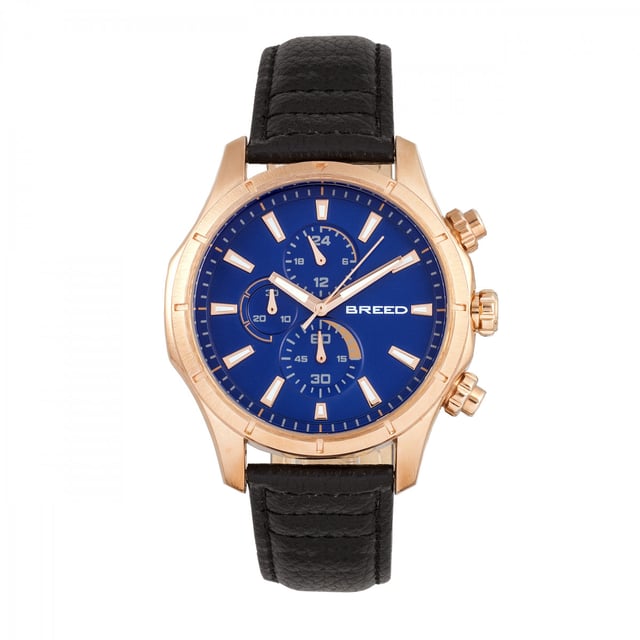 Brushed Alloy Case; Precision Japanese Quartz Movement; Full-Function Chronograph; Non-Glare Scratch Resistant Mineral Crystal; Logo-Engraved Stainless Steel Caseback; Genuine Leather Crocodile-Embossed Strap; Logo-Engraved Stainless Steel Clasp; Luminous Hands; Luminous Markers; 24-Hour Sub-Dial; 47mm Case Diameter; 5 ATM Water Resistance;
